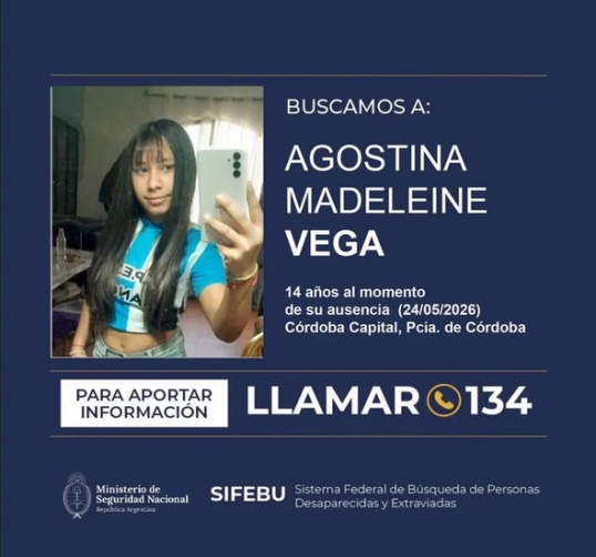 Alerta Sofía: Buscan a la adolescente Agostina Vega, en Córdoba