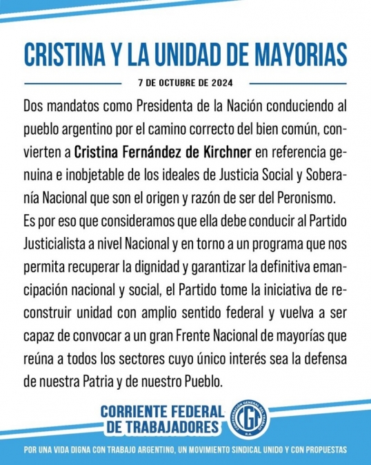 La Corriente Federal pidió un programa de «unidad de mayorías» bajo la conducción de Cristina Kirchner